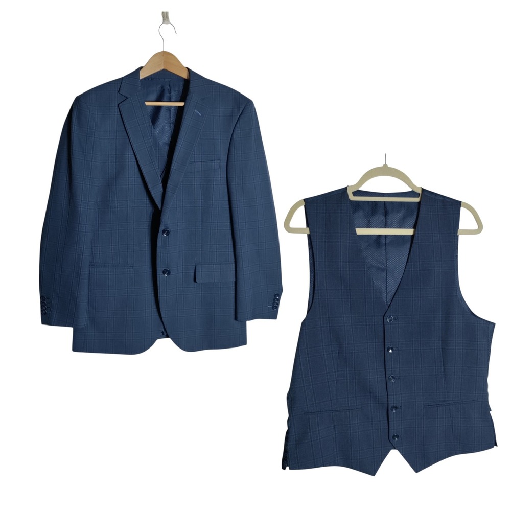 Bocaccio Uomo Mens Blue Plaid 2 Piece Blazer and‎ Vest Set Size 40S